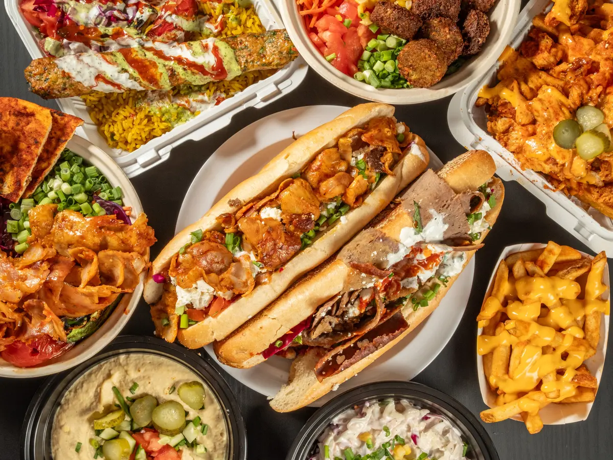 Rice & Smiley's halal spread: gyro sandwiches, kebab bowls, platters, fries and dips